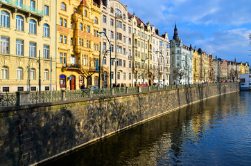 Fototapeta na wymiar Moldova Blue River colorful building - Prague, Czech Republic