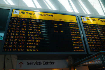 Cancelled flights are shown on display panel at Berlin-Tegel Airport, Berlin, Germany