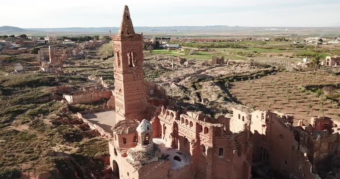 Aerial view of ruins of old historic Spanish village Belchite in province of Zaragoza