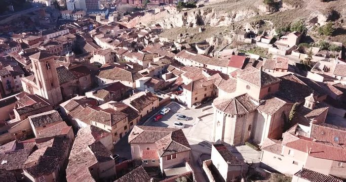 Aerial view of medieval Spanish town of Daroca with Parochial Basilica of Santa Maria de los Corporales