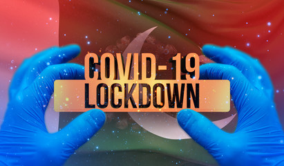 Fototapeta na wymiar COVID-19 lockdown concept with backgroung of waving national flag of Pakistan. Pandemic 3D illustration.