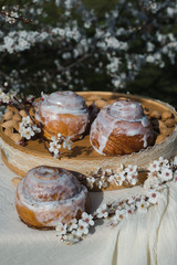 Fototapeta na wymiar Homemade Cinnabon Buns with Cinnamon and Cream. Tasty cakes with cream buttercream icing. Easter sweet dessert cake. Close up view. Cinnamon in blooming trees. Outdoor shooting in garden.