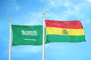 Saudi Arabia and Bolivia  two flags on flagpoles and blue cloudy sky