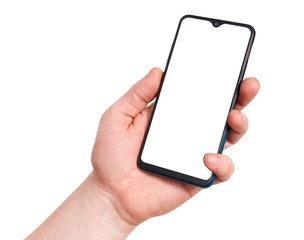 Hand holding mobile smart phone with blank screen. Isolated on white