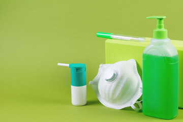 Preventive means for protection against coronovirus and infections, medical mask, thermometer, disinfecting gel and spray, Covid 2019
