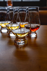 Flight of Scottish whisky, tasting glasses with variety of single malts or blended whiskey spirits...