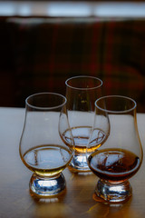 Flight of Scottish whisky, tasting glasses with variety of single malts or blended whiskey spirits on distillery tour in Scotland