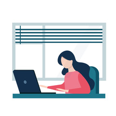 Home Quarantine illustration. Corona virus - staying and working at home. Young girl working from home during Covid-19.Self-isolation shield  from coronavirus.Remote work from home during Quarantine.