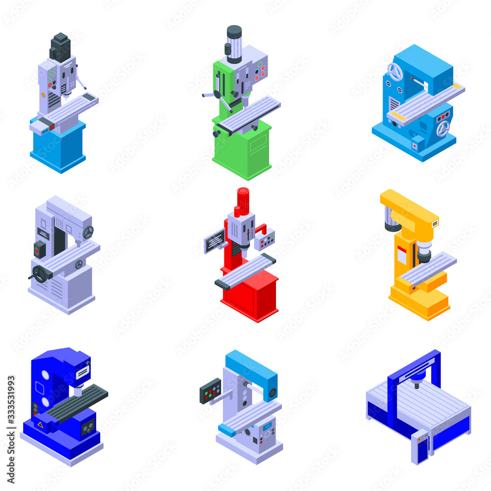 Poster milling machine icons set. isometric set of milling machine vector icons for web design isolated on 