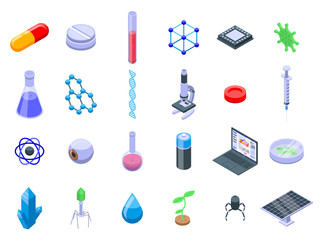 Nanotechnology icons set. Isometric set of nanotechnology vector icons for web design isolated on white background