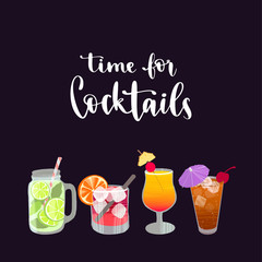 Time for Cocktails. Handwritten lettering quote and hand drawn glasses with different cocktails