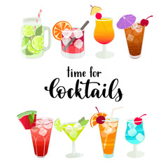 Time for Cocktails. Handwritten lettering quote and hand drawn glasses with different cocktails