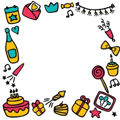 Birthday frames. Celebration b-day icon set. Hand drawn elements. Vector