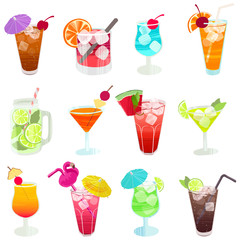 Alcohol drinks and cocktails. Hand drawn glasses with different beverage.