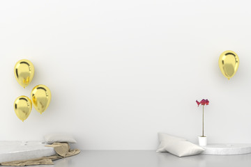 Room for Mock up with balloons, pillow, flower and vase. White wall Background