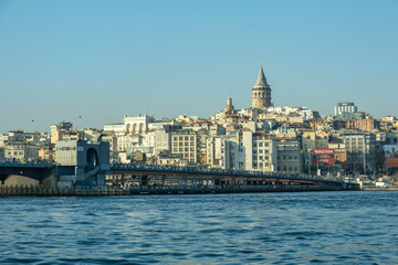 Fototapeta na wymiar Cityscape of Galata Tower, steamboat and Bosphorus in Istanbul / Turkey - March 2020: Galata Tower and Bosphorus is very popular and famous place for tourist in istanbul. Seaside of Golden Horn.