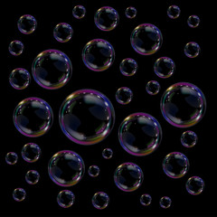 Abstract background with realistic transparent colorful soap bubbles with rainbow reflection. Backdrop with bubble blower.