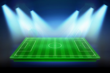 Fototapeta premium Perspective of football field, Soccer field collection. Football stadium with white lines marking the pitch. Perspective elements. 3d illustration.