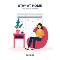 Girl with laptop on the chair. Staying and working at home. Young girl working from home.Self-isolation shield  from coronavirus. Remote work from home during Quarantine. Cute illustration in flat sty