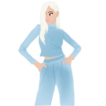 Fashionable girl is standing in a blue suit. Vector art