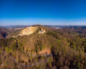 Beautiful evening flight over castle Wachenburg. The home of the German student corporations on Mount Wachenberg over the city of Weinheim. Germany.