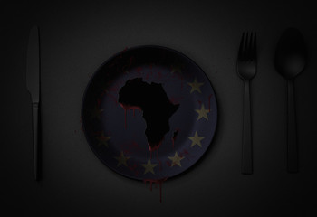 Afryka ilustracja krwawienie na talerzu z kolorami Europy, koncepcja tego, jak europejscy satti wykorzystują bogactwo afrykańskie - 333536981