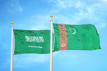 Saudi Arabia and Turkmenistan two flags on flagpoles and blue cloudy sky