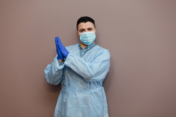 Termination of coronavirus. stop the virus from spreading. doctor wearing respiratory mask. prevent infectious disease.