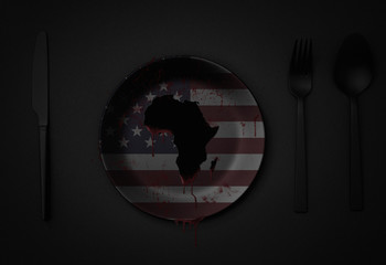 africa illustration bleeding on plate with USA colors, concept of how european satti exploit african wealth, 
