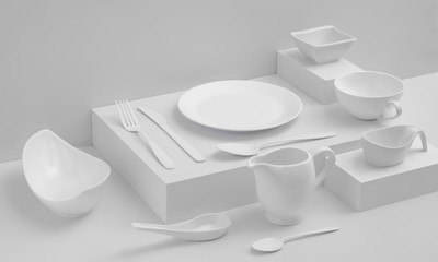 Sztućce i biała zastawa stołowa na białym tle bez cieni, ilustracja bezbarwnych przyborów kuchennych - 333537345