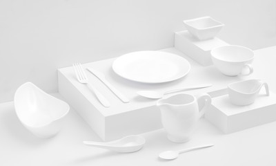 Cutlery and white tableware on a white background without shadows, illustration of colorless kitchen utensils
