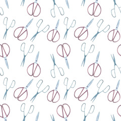 Watercolor seamless pattern with scissors on a white background. A simple print with scissors for gardening. Cute print with metal scissors and garden.