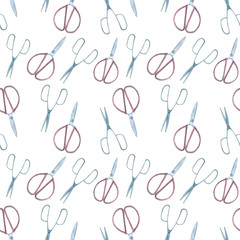 Watercolor seamless pattern with scissors on a white background. A simple print with scissors for gardening. Cute print with metal scissors and garden.