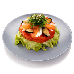  salad with mussels and salmon on a white background for the site
