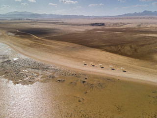 The shore of the Red Sea from above. Eastern Sahara. Desert. The mountains. Beach umbrellas. Hurghada. Egypt.