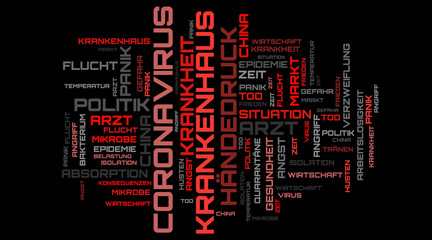 Fototapeta na wymiar Red modern coronavirus word cloud concept on german language wallpaper