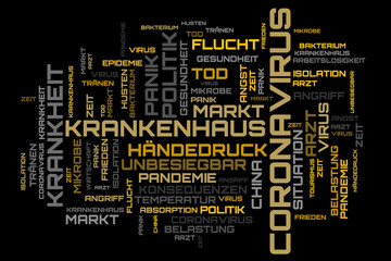 Yellow german language coronavirus word cloud isolated on black background
