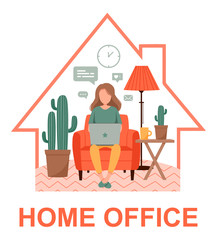 Woman with laptop on the chair. Freelance or studying staying home. Young girl working from home. Self-isolation shield from coronavirus. Remote work from home during Quarantine. Flat vector poster