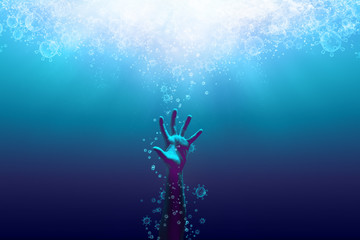 a drowning hand surrounding with bubbles in coronavirus shape, idea, conceptual images about the pandemic of  coronavirus. - obrazy, fototapety, plakaty