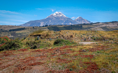 The Illinizas volcano, twin peaks, viewed from the highway towards the Cotopaxi National Park, with trees and vegetation in the foreground, on a sunny morning. Ecuador.