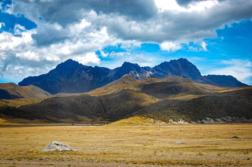 Beautiful view of the Ruminahui volcano and it's surrounding Andes fields, part of the Cotopaxi National Park, in Ecuador.