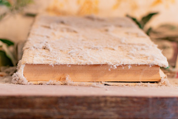 An old book under a thick layer of dust