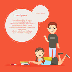 Vector illustration of kids bullying template with text space. Psychological abuse, agressive school children conflict flat illustration. Schoolchildren, teasing boy and crying girl cartoon characters