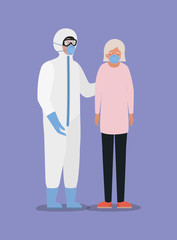Elder woman with mask and doctor with protective suit against Covid 19 vector design