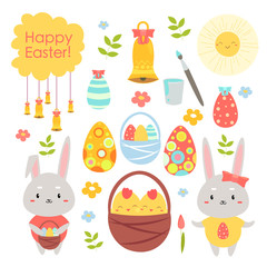 Easter holiday color cartoon flat vector illustration, object and cute characters set