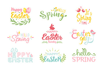 Easter and spring hand drawn colored lettering logo vector illustration set with holiday symbols
