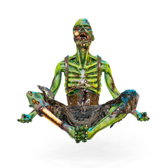 zombie is floating and doing some yoga on white background