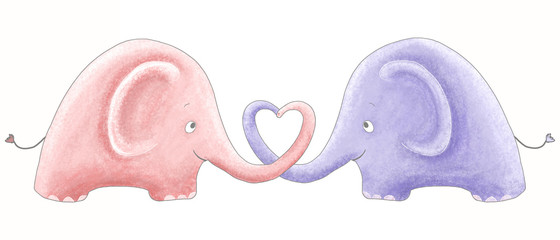 Romantic fall in love elephants pink lilac purple boy girl cute sweet kiss hugs Valentine