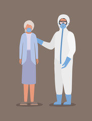 Elder woman with mask and doctor with protective suit against Covid 19 vector design