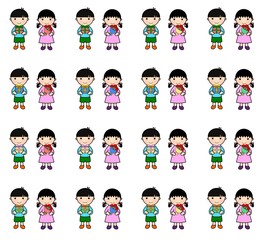 プレゼントと花束を持つ男の子と女の子